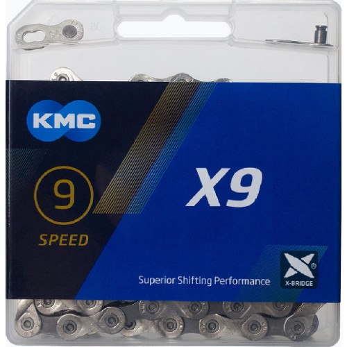 I-KMC-BX09NG122 - Łańcuch 9rz. KMC X9 srebrno-szary 122og. BOX