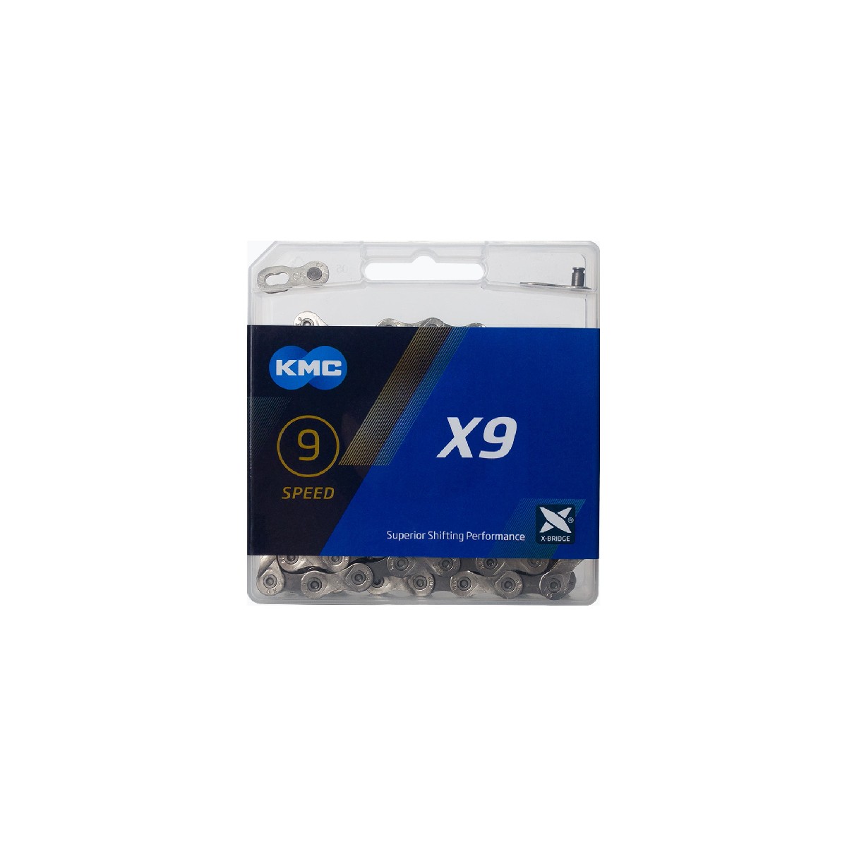 I-KMC-BX09NG122 - Łańcuch 9rz. KMC X9 srebrno-szary 122og. BOX
